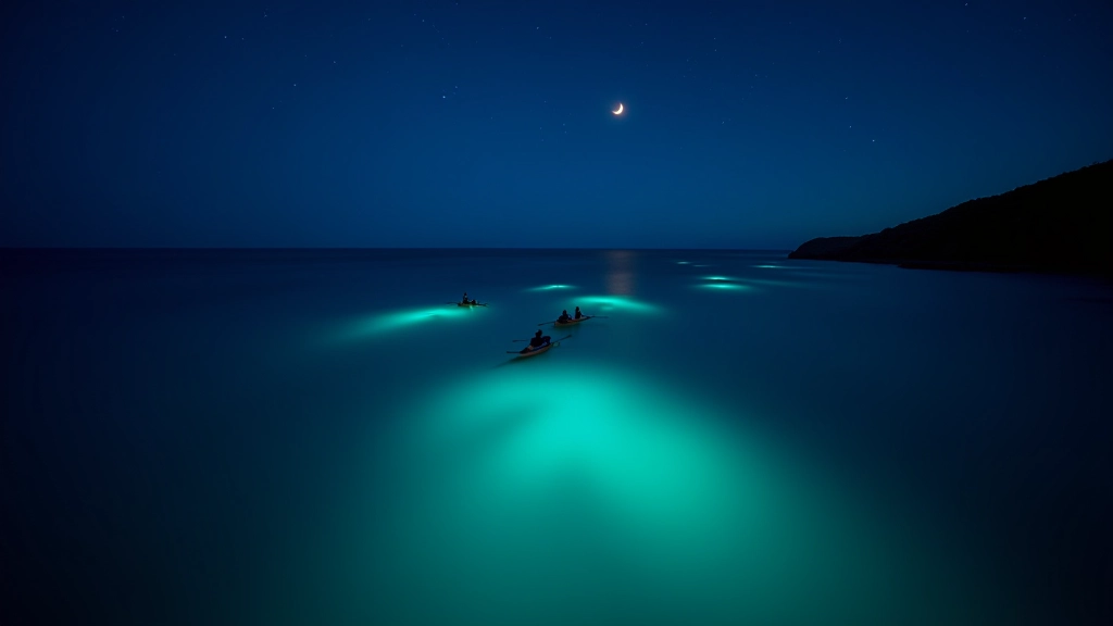 Bahía Mosquito vista aérea nocturna, agua tranquila con luminiscencia visible, kayaks dispersos, cielo estrellado, luz natural de luna creciente