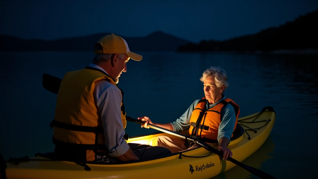 Guía experto asistiendo a un adulto mayor en el kayak en la bahía nocturna