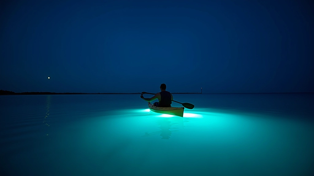 Kayakista remando en agua oscura brillante con luz bioluminiscente verde