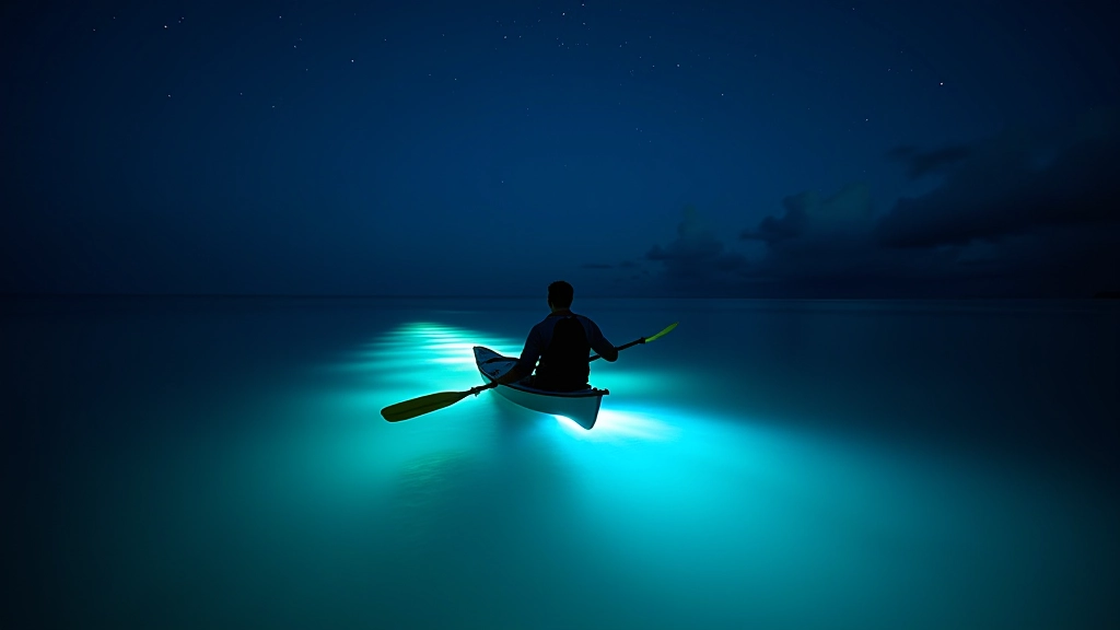 Kayaker remando en agua bioluminiscente de noche, rastro de luz azul verdosa detrás del remo, cielo estrellado