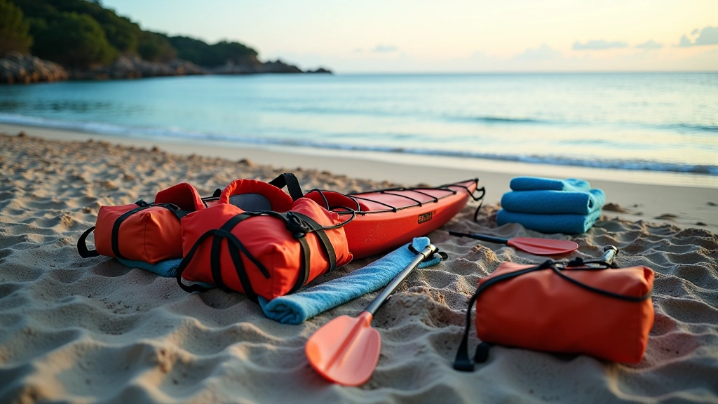 Equipo de kayak dispuesto ordenadamente en arena: remos, chalecos salvavidas, toallas y accesorios