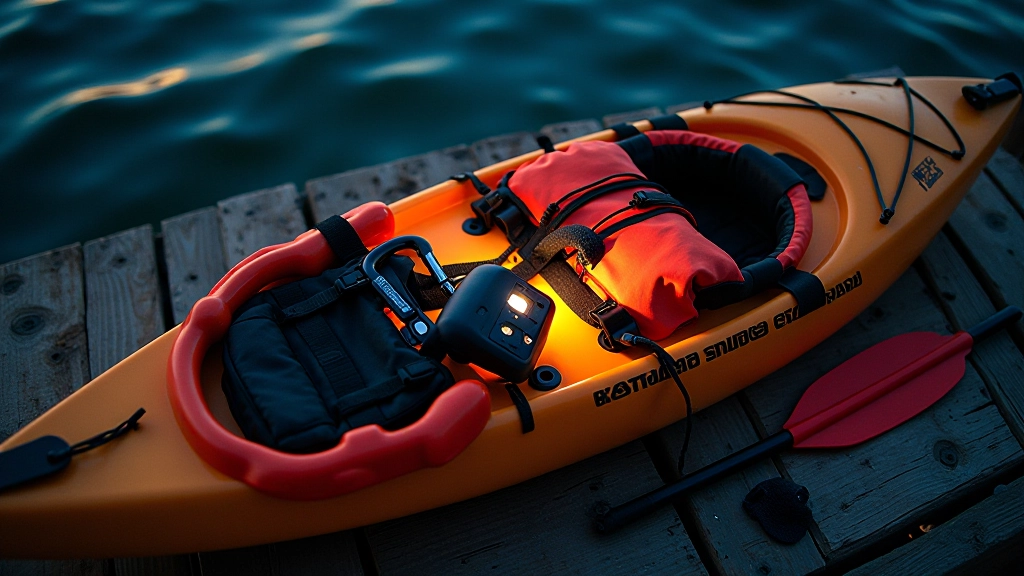 Equipo de kayak profesional incluyendo chaleco salvavidas naranja, remo de aluminio y accesorios de seguridad sobre mesa de madera