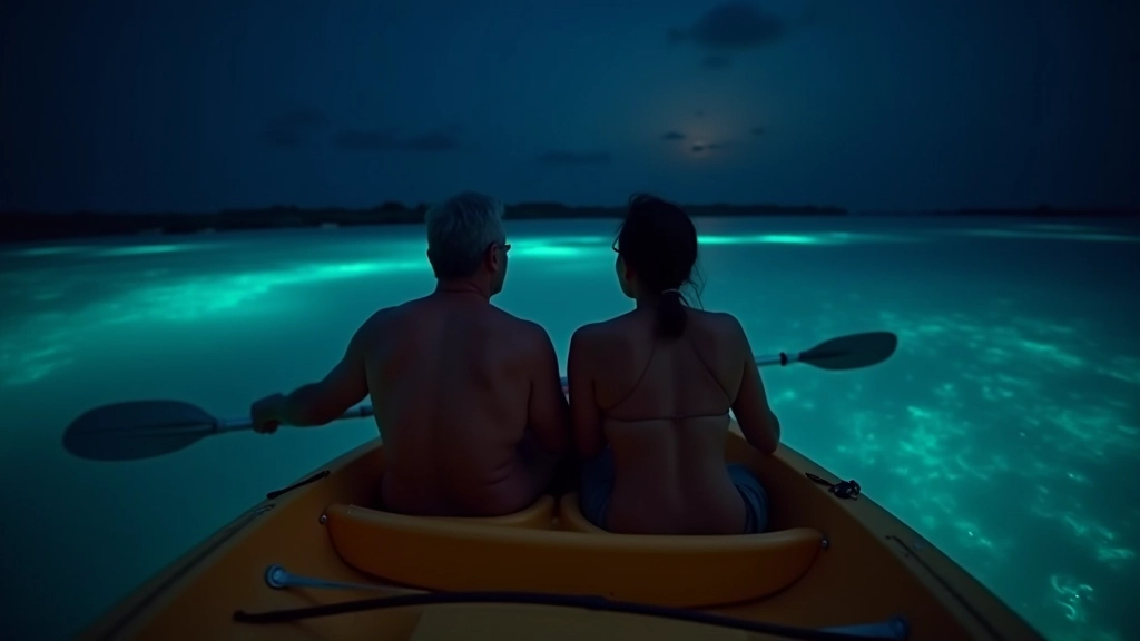Pareja mayor remando juntos en kayak, mirando el agua brillante, expresión de asombro y maravilla