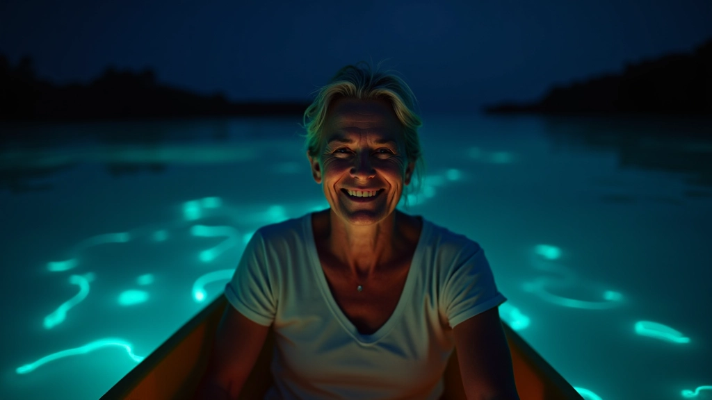 Kayakista de mediana edad sonriendo, sentado en un kayak, rodeado de agua brillante bioluminiscente