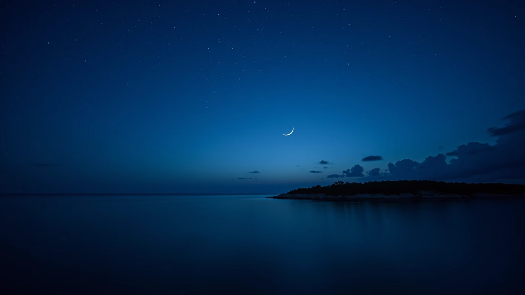 Cielo nocturno estrellado con luna creciente sobre aguas tranquilas oscuras