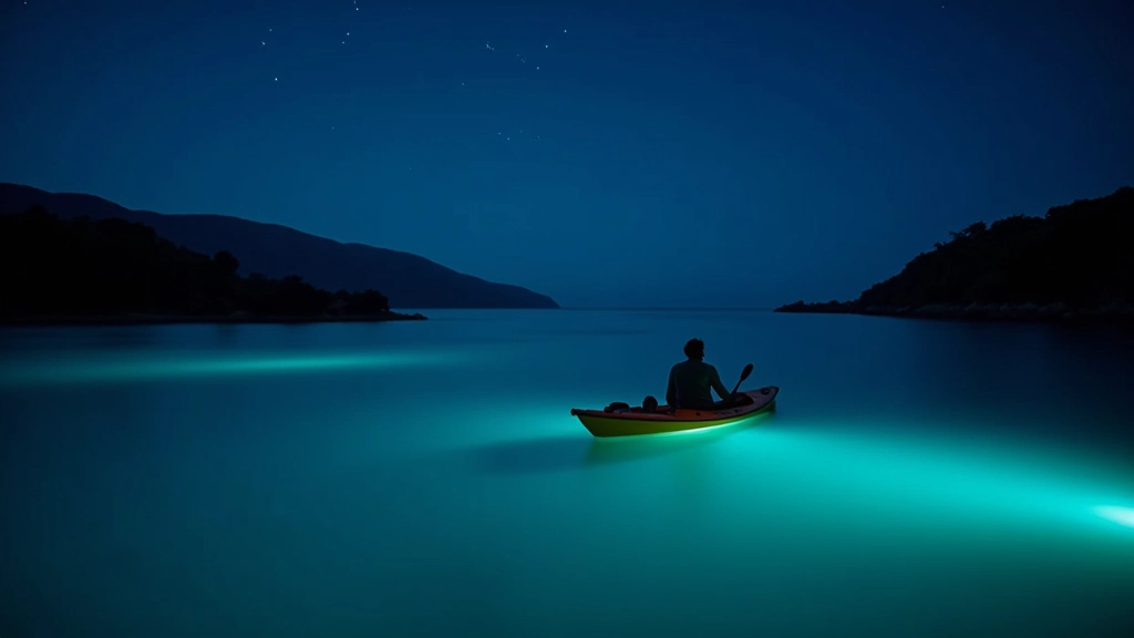 Vista nocturna de la bahía bioluminiscente con aguas brillantes y un kayak en la distancia