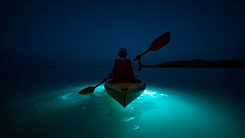 Kayakista en agua bioluminiscente durante noche oscura, remando lentamente con destello azul visible