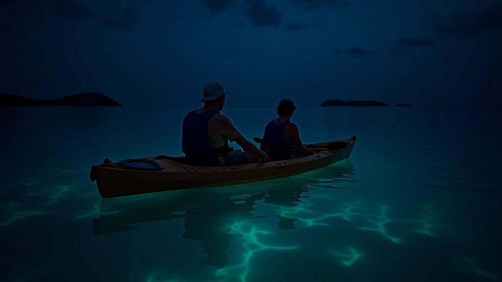 Adulto mayor en kayak estable de dos asientos, postura correcta, agua tranquila de noche, luminiscencia visible en el agua