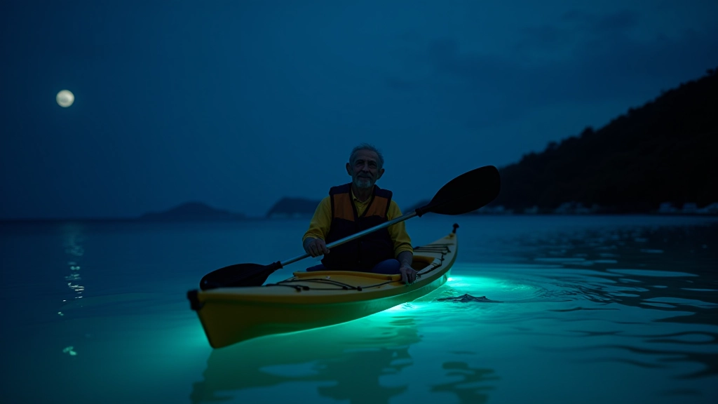 Kayakista remando en agua oscura con brillo bioluminiscente verde en Bahía Mosquito de Vieques