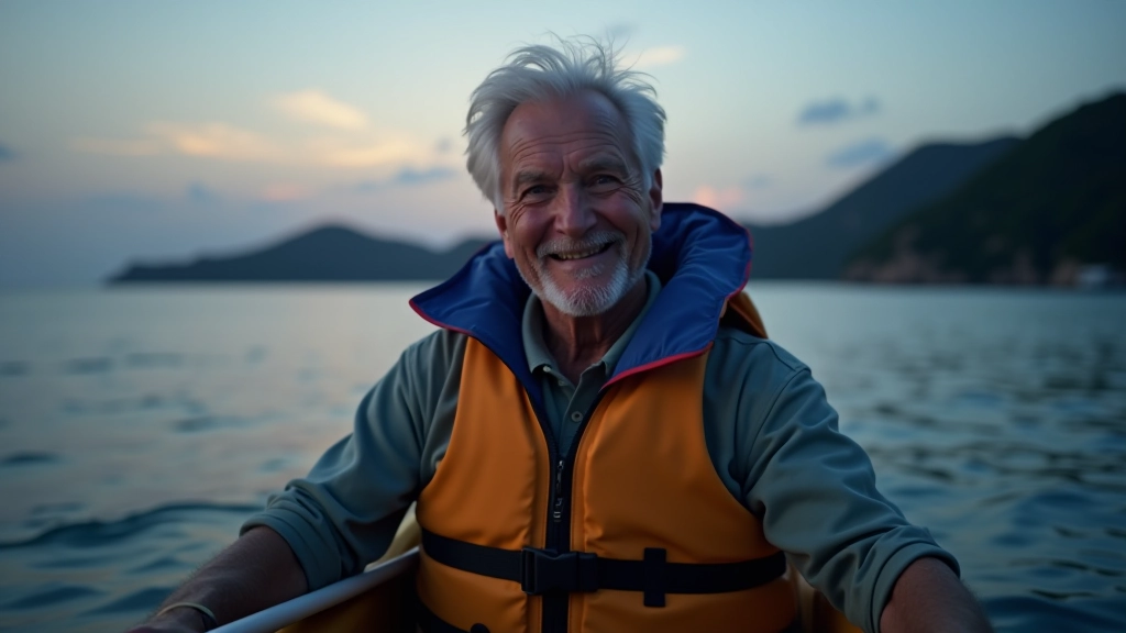 Adulto mayor sonriendo en kayak, equipo de seguridad, agua tranquila al atardecer