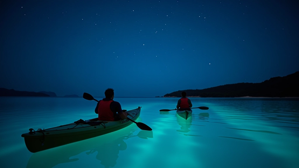 Dos kayakistas observando el agua bioluminiscente en la noche tranquila, reflejos de estrellas en agua oscura, atmósfera serena