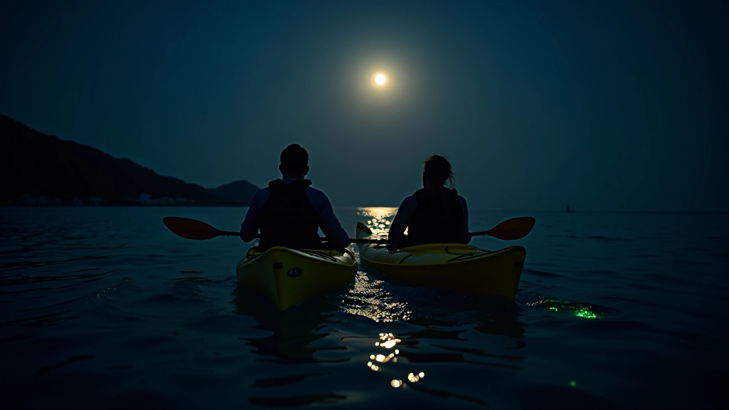 Dos kayakistas remando juntos en aguas oscuras con bioluminiscencia brillante alrededor de los remos